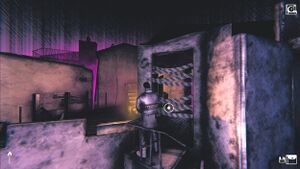 In-game screenshot of the entrance to the 2nd floor of the Burned Bakery.